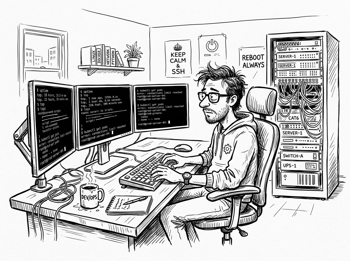 Hand-drawn cartoon sketch of an IT workbench with laptop, coffee and doodled infrastructure